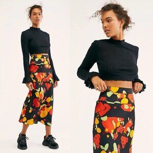 Free People Normani Bias Printed Satin Midi Skirt 0 Fruity Pop Black High Waist